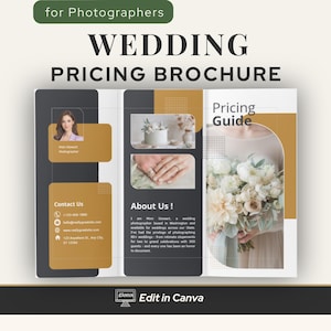 May include: A tri-fold wedding pricing brochure with a modern design. The brochure features a photo of a bride holding a bouquet, images of wedding rings and a cake, and contact information. Text includes "Wedding Pricing Brochure" and "Pricing Guide."