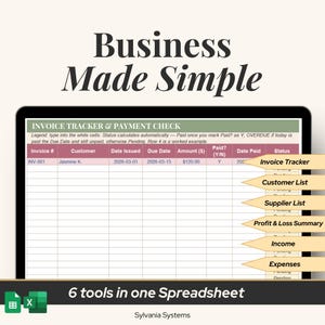 May include: A digital spreadsheet template titled Business Made Simple, featuring an Invoice Tracker & Payment Check table with columns for Invoice #, Customer, Date Issued, Due Date, Amount ($), Paid?, Date Paid, and Status. Includes six tool labels.