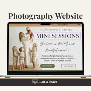 Può includere: Uno schermo di un laptop mostra un sito web di fotografia con il testo "Photography Website". Il sito presenta una foto di famiglia con le parole "Mini Sessions" e "Beautiful Memories."