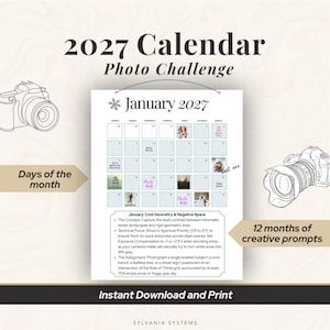 May include: A 2027 calendar photo challenge printable featuring a January grid with small photo inserts, text prompts for cold geometry and negative space, and camera illustrations. The layout includes the title 2027 Calendar Photo Challenge.