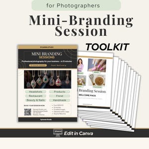 May include: A promotional toolkit for photographers, featuring the text "Mini-Branding Session" and "Toolkit." The design includes a brochure with images of jewelry, food, and beauty products. The text includes "Headshots," "Products," and "Edit in Canva."