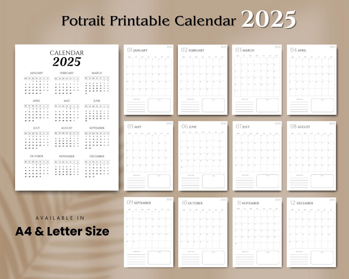 Printable Calendar 2025 Landscape Potrait Calendar Minimalist Simple ...