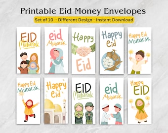 May include: Set of ten printable Eid money envelopes featuring different designs. The envelopes feature illustrations of children, mosques, and traditional Eid symbols. The text on the envelopes reads "Eid Mubarak" and "Happy Eid".