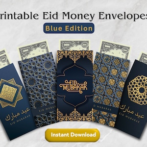 Envelope de dinheiro para presente Eid Mubarak para impressão - Edição azul - 5 envelopes - Download digital