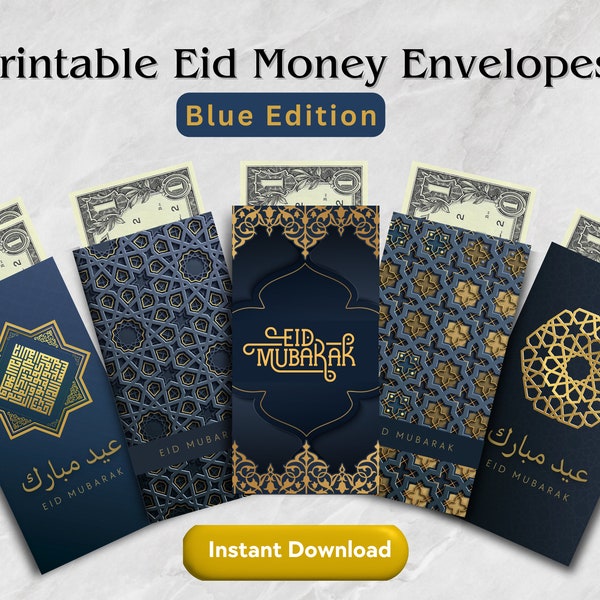 Printable Eid Mubarak Gift Money Envelope - Blue Edition - 5 Envelopes - Digital Download