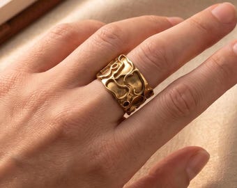 Handcrafted Chunky Gold Statement Ring | Brutalist Organic Textured Band | Brass, Gold or Silver Finish