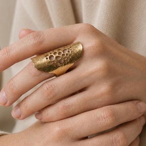 Full Finger Ring, Chunky Cocktail Armor, Textured Brass Coral Flow Adjustable Jewelry