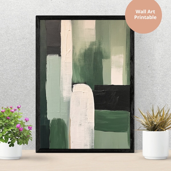 Sage Green Printable Art, Forest Green Abstract, Oil painting, Minimalist Olive Green Wall Art, Extra Large Distressed Ivory Wall Decor