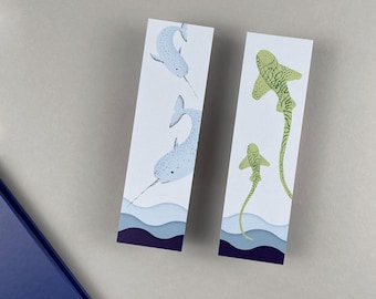 Marcapáginas | Criaturas marinas ilustradas en papel reciclado | Para lectores principiantes y aficionados a la lectura | Marcapáginas con motivo e información