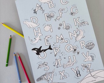 Póster del alfabeto para colorear para niños, póster para aprender el alfabeto y como decoración de pared para la habitación infantil en formato DIN A3, impresión ecológica.