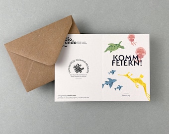 Ven a celebrar: tarjeta de invitación de cumpleaños, tarjeta plegable para completar con sobre, individual o en un juego de 5 con ilustraciones de criaturas marinas