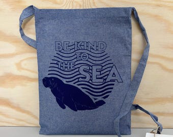 Bolsa shopping estampada a mano, bolsa de tela de algodón prereciclado con serigrafía, diseño marítimo, "Be kind to the sea"