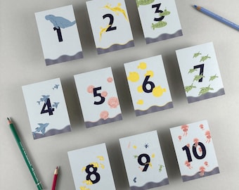 Aprender los números del 1 al 10, juego de tarjetas didácticas con criaturas marinas ilustradas en formato DIN A7, para la escolarización o para niños en edad preescolar.