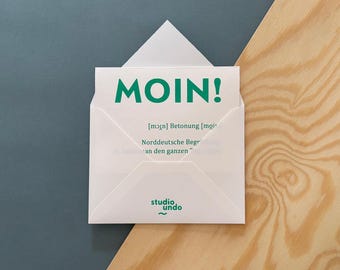 Tarjeta de felicitación MOIN! con sobre, saludo del norte de Alemania, diseño tipográfico minimalista, tarjeta plegable impresa a mano mediante serigrafía, 3 colores.