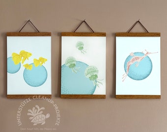 Póster para habitación infantil en formato A4, mundo submarino y criaturas marinas, juego de pósteres/imágenes de pared impresas de forma respetuosa con el medio ambiente en papel reciclado