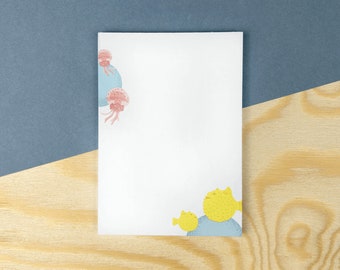 Bloc de notas 50 hojas | Nota, escribe | Formato DIN A6 | en blanco con ilustraciones de animales marinos | Papel reciclado impreso de forma respetuosa con el medio ambiente