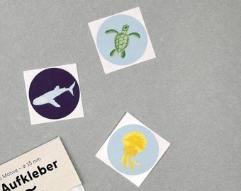 Papier-Aufkleber-Set | 5 runde Aufkleber, 5 Motive | illustrierte Meerestiere | runde Etiketten / Sticker, auf Recyclingpapier gedruckt