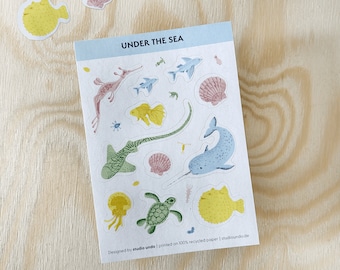 Hoja de pegatinas de papel reciclado, bajo el mar, pegatinas impresas respetuosas con el medio ambiente con criaturas marinas ilustradas a mano, hoja DIN A6