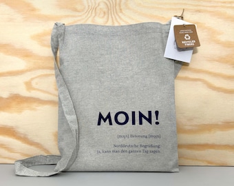 Bolsa de tela estampada a mano, bolsa de la compra de algodón pre-reciclado con serigrafía, eslogan "Moin", diseño marítimo de Hamburgo.