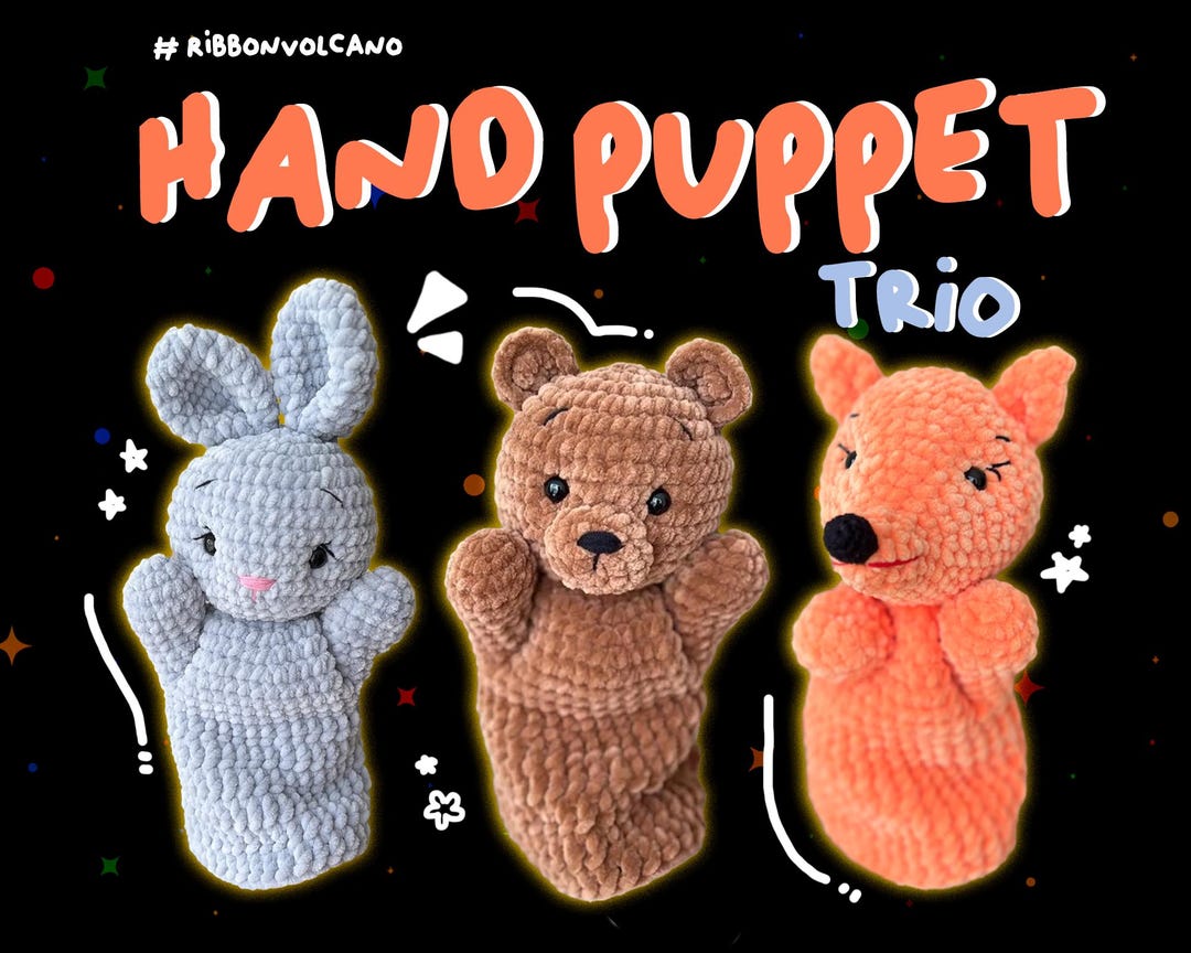 Hand Puppet Trio Crochet Pattern, Crochet Bunny Puppet, Crochet Bear ...