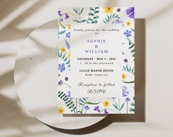 Printable Modern Wedding Invitation | Simple Editable Template | Elegant, Minimal, Floral Design - LP010