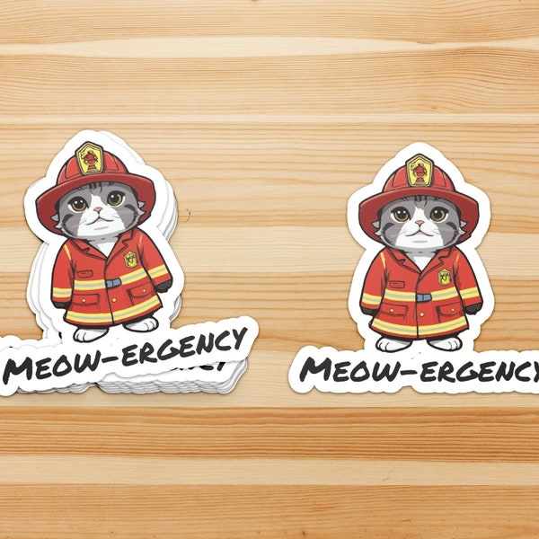 Cat Firefighter Sticker, Cute Kitten in Fireman Outfit, Meow-Ergency Text, Fun Decal for Kids and Adults