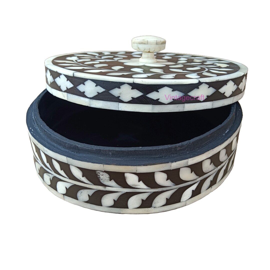 Large Bone Inlay Storage Box Bone Inlay Wooden Jewelry Storage Box, Handmade Round Storage Box ...