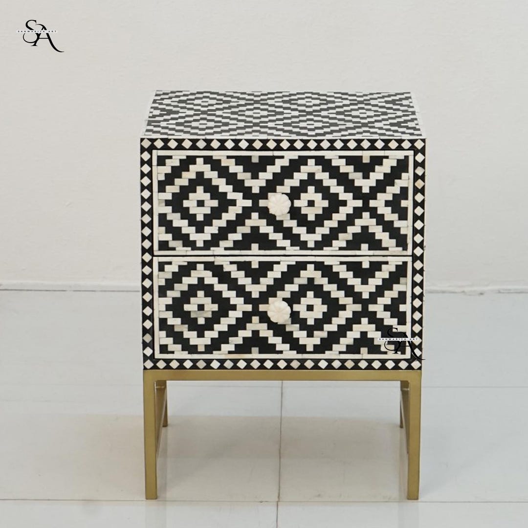 Handmade Wooden Bone Inlay Pattern Bedside/side Table/nightstand With 2 ...