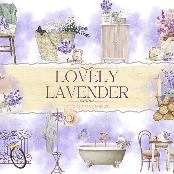 Watercolor Lavender Clipart, Antique Furniture Png, Provence Floral Wedding Clipart for Invites, Purple Fantasy Cloud, Free Commercial Use