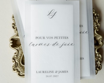 Bolsa de pañuelos de boda personalizada – Pequeñas lágrimas de alegría – Logotipo de boda moderno con nombres y fecha – Recuerdo de boda emotivo