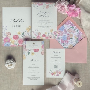 Faire-part Mariage Floral Aquarelle – Ensemble Invitation + QR Code + Enveloppe Rose & Liner Illustré, Design Coloré et Élégant