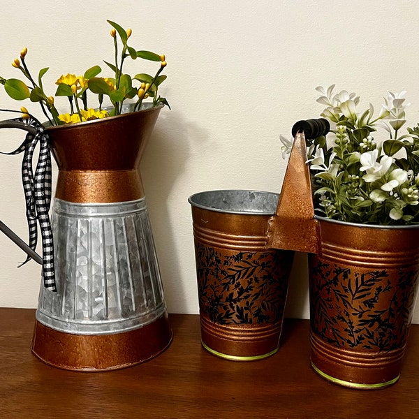 Rustic Hand-painted Metal Buckets and Pitchers