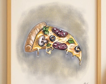 Cheesy Pizza Slice Art – Hand-Drawn Italian Kitchen Illustration (A4 Digital Download)