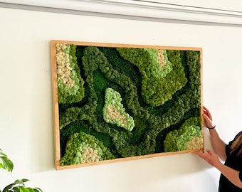 May include: A rectangular framed moss art piece with a natural, textured appearance. The artwork features varying shades of green and beige, creating a layered, organic design. The frame is made of light-coloured wood. The piece is mounted on a white wall.