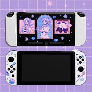 May include: A white and black Nintendo Switch console with custom artwork. The top half features three framed illustrations of a character with blue hair. The bottom half has decorative buttons and a black screen. The background is a light purple grid.