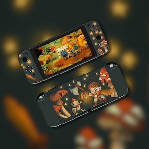 May include: Two Nintendo Switch consoles with custom designs. One displays a game scene with the word "Witchwood". The other features a cartoon character with an axe and a frog. Both have star-shaped button lights and mushroom accents.