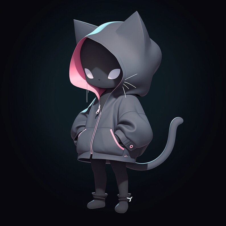 May include: A black cat wearing a grey hooded jacket with pink accents. The cat has a long tail and is standing on a dark background.