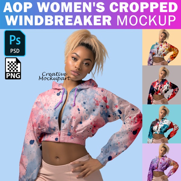 Women's Cropped Windbreaker Mockup POD | All Over Print Full Sleeve Windbreaker Mockup | Change Background, Insert Design PSD, Canva PNG Jpg