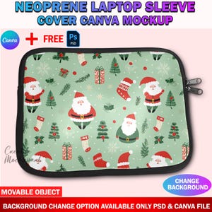 May include: A black neoprene laptop sleeve with a Christmas-themed design. The sleeve features a repeating pattern of Santa Claus, Christmas trees, and stockings on a green background. The text "NEOPRENE LAPTOP SLEEVE COVER CANVA MOCKUP" is at the top of the image.