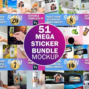51 Mega Sticker Mockup Bundle | 20 Hand holding Sticker Mockup, 8 Laptop Sticker Mockup, 16 Car Sicker Mockup| 7 Tumbler Sticker | PSD & PNG