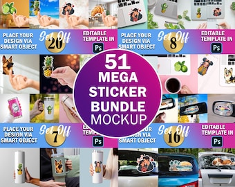 51 Mega Sticker Mockup Bundle | 20 Hand holding Sticker Mockup, 8 Laptop Sticker Mockup, 16 Car Sicker Mockup| 7 Tumbler Sticker | PSD & PNG