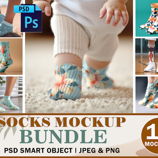 15 Socks Mockup Bundle For Dye Sublimation| Ankle, Sports, Crew Socks Mockup, Smart PSD, Canva Frame Template, Separated Toe & Heel Sock PSD
