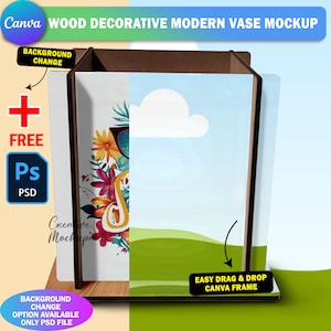 Maqueta de caja de madera MDF de Canva con sublimación de tinta, maqueta de jarrón decorativo de madera, diseño de inserción y fondo a través de Smart Canva Frame y Photoshop PSD