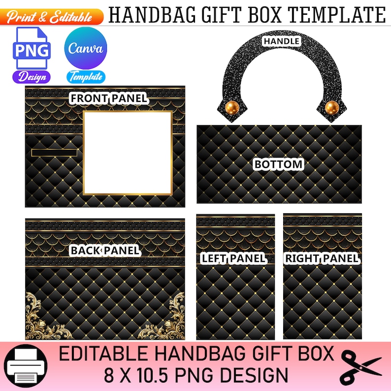 May include: Printable template for a handbag gift box. The template includes six panels: front, back, bottom, left, right, and handle. The panels feature a black and gold quilted pattern with gold accents. The template is 8 inches by 10.5 inches.