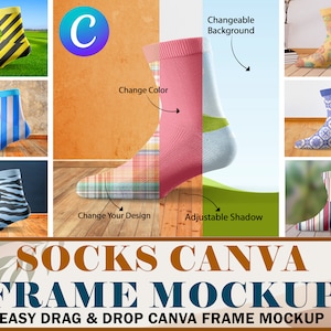 Puede incluir: Una plantilla de maqueta para calcetines con un fondo cambiable, una sombra ajustable y un diseño personalizable. La plantilla es fácil de usar y te permite arrastrar y soltar tus propios diseños en los calcetines.