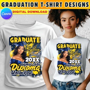 Plantilla de diseño de Canva para camiseta de graduación "Game Over, Diploma Unlocked", archivo editable de 40 x 50 cm para DTF y sublimación.