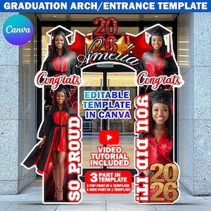 Puede incluir: Una plantilla de arco de graduación con el texto "2026 Amelia ¡Felicidades!" y "¡Lo lograste!" en rojo y dorado. El diseño incluye imágenes de una graduada con birrete y toga, y el logotipo de Canva.