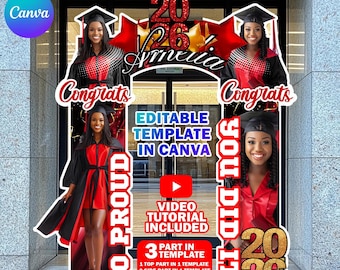 Graduation Entrance Arch Design Canva Template, Black & Red Graduation Arch, Editable Grad Arch Entryway, Grad Archway For Party Decoration