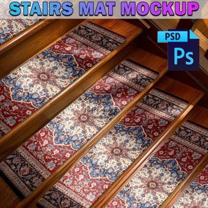 Stairs Mat Mockup | Stairs Treads Mockup, Step Rugs, Stair Rugs Mockup, Stair Decor, Carpet Stair Rug Mockup | Insert Design Via PSD, PNG