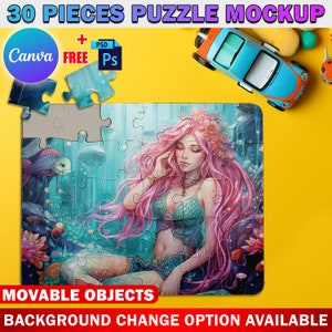 Peut inclure: Une maquette de puzzle de 30 pi&egrave;ces repr&eacute;sentant une sir&egrave;ne aux cheveux roses et &agrave; la queue verte, entour&eacute;e d'images sous-marines. Le puzzle est sur un fond jaune avec une voiture jouet bleue et d'autres objets.